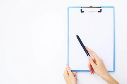 Blank Folder with White Paper. Hand that Holding Folder and Handle on White Stock Photos