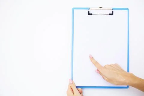 Blank Folder with White Paper. Hand that Holding Folder and Handle on White Stock Photos