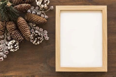 Blank frame with big cones table. High quality photo Stock Photos