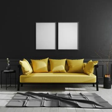 Blank frame on black wall, two vertical poster frame mock up in dark modern i Stock Photos