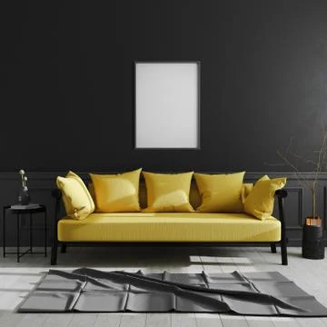 Blank frame on black wall, vertical poster frame mock up in dark modern inter Stock Photos