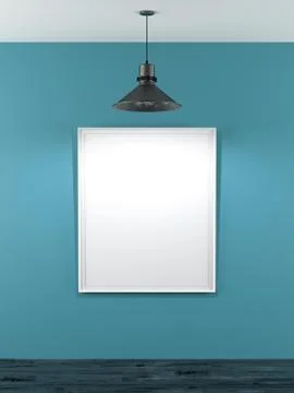 Blank frame in blue room with ceiling lamp Stock Illustration
