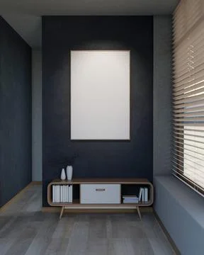 Blank frame on dark blue wall over wooden drawer table on parquet floor and.. Stock Illustration