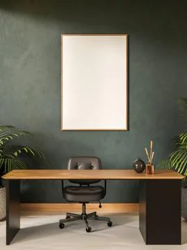 Blank frame on dark green wall over wooden table with swivel chair aside ho.. Ilustração Stock