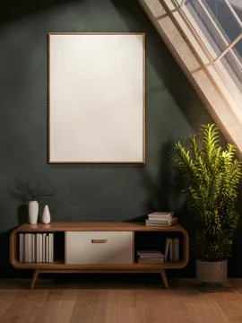 Blank frame on dark green wall and drawer table on wood parquet floor with .. Stock Illustration