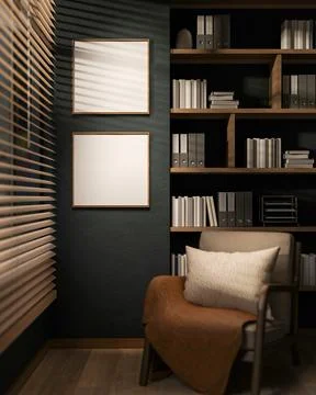 Blank frame on dark green wall and wood armchair aside blind window and boo.. Ilustración de archivo