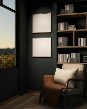 Blank frame on dark wall and wooden armchair aside window and bookshelf in .. Ilustración de archivo