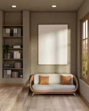 Blank frame on green painted wall and wooden sofa on parquet floor aside bo.. Ilustración de archivo