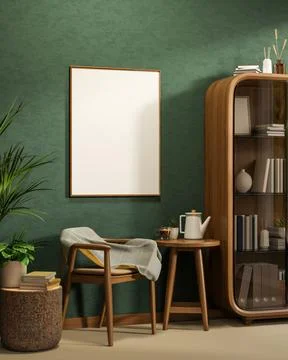Blank frame on green wall and teapot with cup on wooden table and chair asi.. Stock Illustration