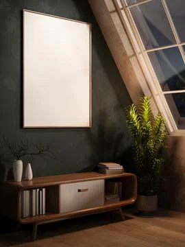 Blank frame on green wall and table on wooden parquet floor under roof wind.. Stock Illustration
