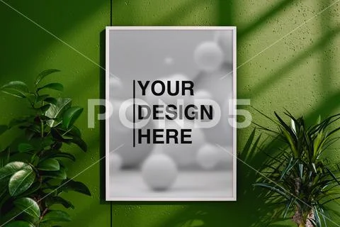 Blank frame on green wall near green plants. 3d render PSD Template