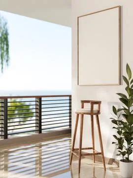 Blank frame hang on white wall over a wooden stool chair at balcony or terr.. Stock Illustration