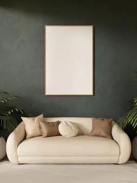 Blank frame hanging on dark green wall over white leather sofa on carpet fl.. Stock Illustration