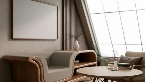 Blank frame hanging over a multifunctional wooden armchair and round table .. Ilustração Stock