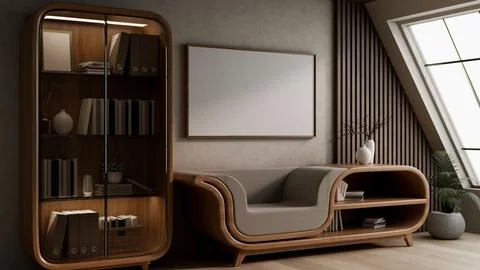 Blank frame hanging over a multifunctional wooden armchair beside glass cab.. Ilustração Stock