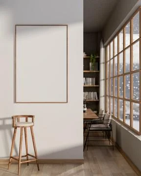 Blank frame hanging on wall over wooden stool chair in a cafe or library co.. Stock Illustration