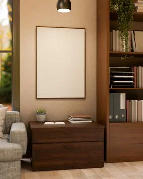 Blank frame hanging on wall over a drawer cabinet aside sofa and wooden boo.. Ilustración de archivo