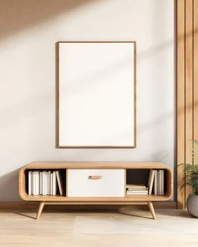 Blank frame hanging on wall over drawer table on wooden floor in sunlit cor.. Ilustración de archivo