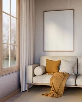 Blank frame hanging on wall over sofa armchair with cushion pillows and bla.. Ilustración de archivo