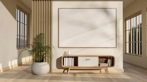 Blank frame hanging on white wall behind a table and a potted plant in wood.. Stock Illustration