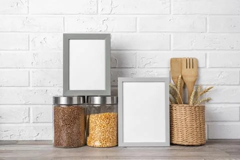 Blank frame kitchen counter Stock Photos