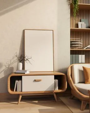 Blank frame leaning on wall over table aside sofa and bookshelf on wooden f.. Stock Illustration