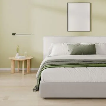 Blank Frame mock up above bed in bedroom interior, 3d render Stock Illustration