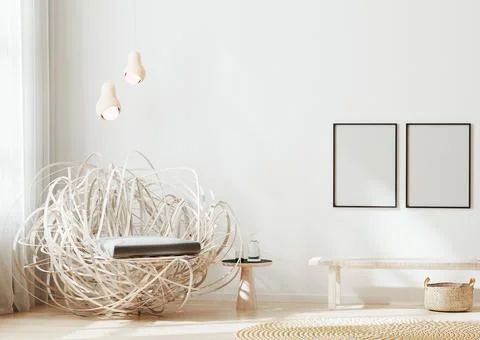 Blank frame mock up in modern interior background, light beige living room wi Stock Illustration