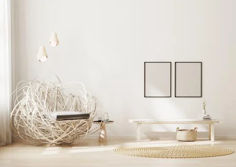 Blank frame mock up in modern interior background, light beige living room wi Stock Illustration