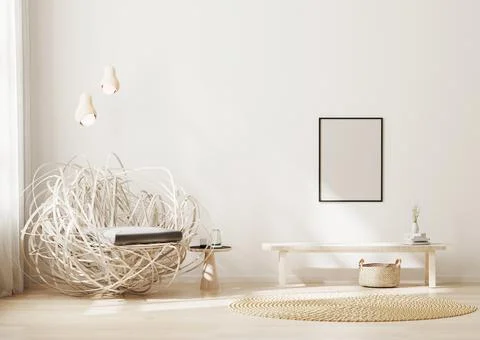 Blank frame mock up in modern interior background, light beige living room wi Stock Illustration