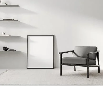 Blank frame mockup on the floor in modern room interior in gray concrete wi.. Stock Illustration