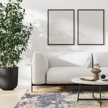 Blank frame mockup in home interior, 3d render Stockillustratie