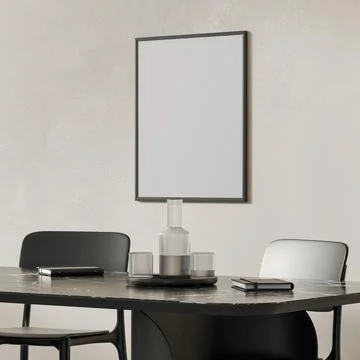 Blank frame mockup in modern interior with black table set, 3d render 스톡 일러스트