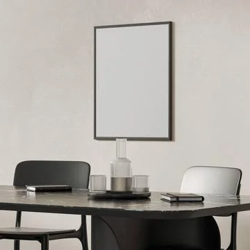 Blank frame mockup in modern interior with black table set, 3d render blan... Stock Photos