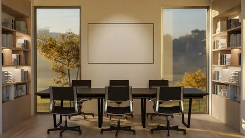 Blank frame or board on wall between glass doors of a wooden floor meeting .. Stock Illustration