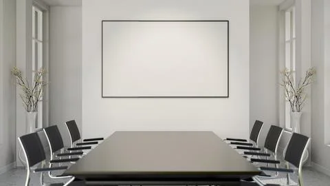 Blank frame or white board or a screen on wall over a black table and swive.. Illustrazione stock