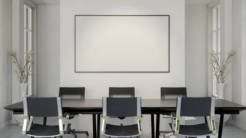 Blank frame or white board or a screen hanging on wall over a long black ta.. Stock Illustration