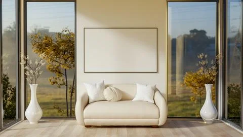 Blank frame over a white sofa between two glass doors of a wooden floor roo.. Ilustração Stock