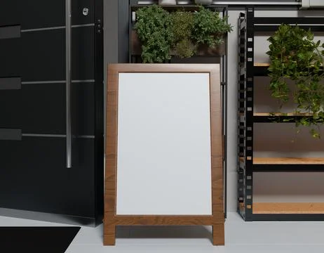 Blank A-frame sign in front of modern dark door, plant shelves Stock Illustration