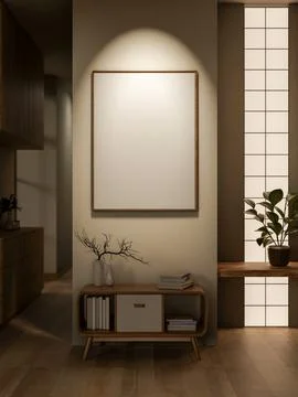 Blank frame with spotlight on wall over wooden drawer table on parquet floo.. イラスト素材