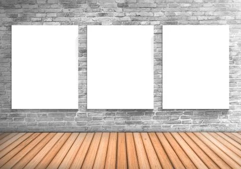 Blank frame three white board on a concrete blick wall and wooden floor : fil Ilustración de archivo