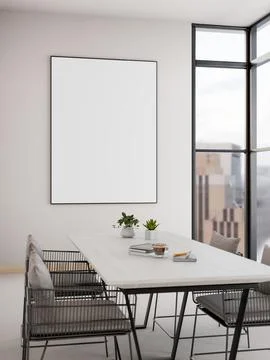 Blank frame on wall and white table in living room or dining room with city.. Ilustración de archivo