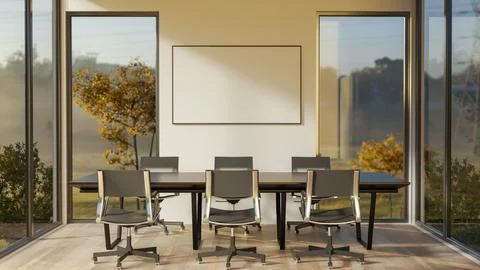 Blank frame on a wall between two glass doors of a wooden floor meeting roo.. Stock Illustration