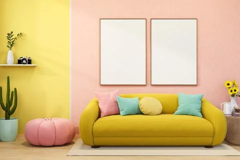 Blank frame on wall over colorful cushion on yellow sofa and pink pumpkin s.. Ilustração Stock