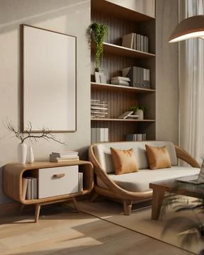 Blank frame on wall over table aside sofa and bookshelf on wooden floor in .. Stock Illustration