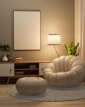 Blank frame on wall over table and sofa with stool on carpet floor in dim l.. Ilustración de archivo