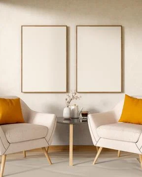 Blank frame on wall over white sofa chair with coffee and vase on glass tab.. Ilustración de archivo