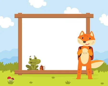 Blank Framed Page or Banner with Cute Fox with Backpack and Frog Animal Learning Illustrazione stock
