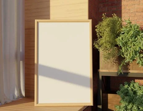 Blank framed poster in a sunlit room with plants Stock Illustration