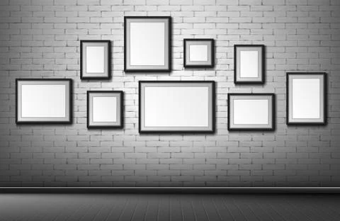 Blank frames on brick wall background, borders Illustrazione stock